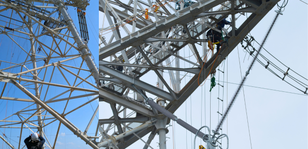 4連耐張装置の緊線作業および500kV ポリマージャンパV吊装置の設置作業の様子